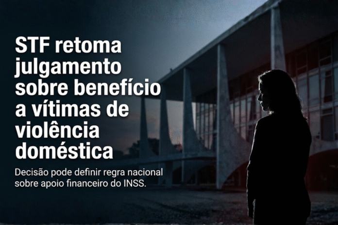Mulher em silhueta ao lado do prédio do STF representando julgamento sobre benefício do INSS para vítimas de violência doméstica.