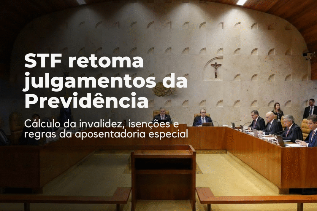 Plenário do STF em sessão, com ministros reunidos para julgar regras da Previdência de 2019.
