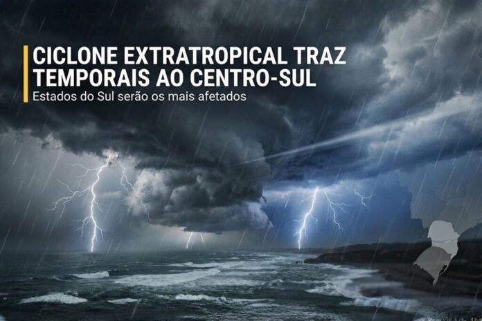 Imagem de tempestade com nuvens densas e raios representando ciclone extratropical no Centro-Sul