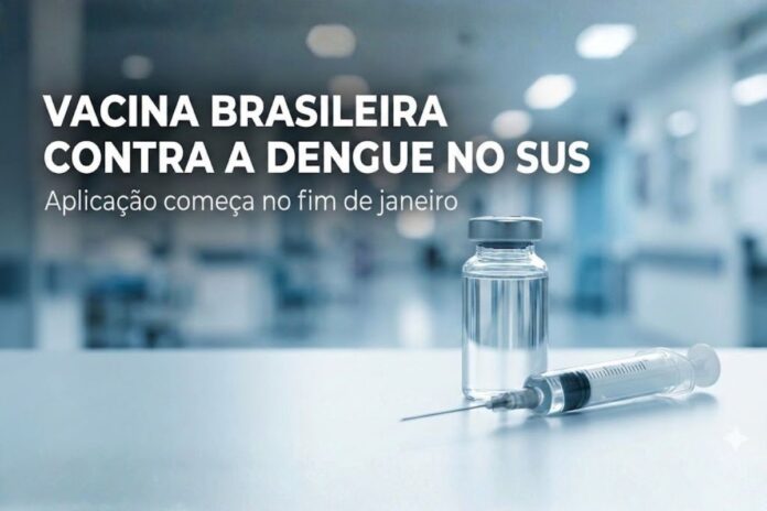 Vacina brasileira contra a dengue no SUS com frasco e seringa em ambiente hospitalar