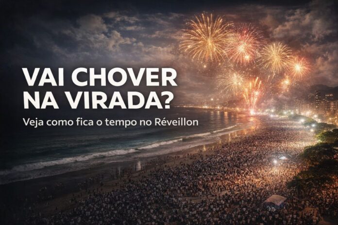 Fogos de artifício no Réveillon com previsão do tempo para a virada do ano