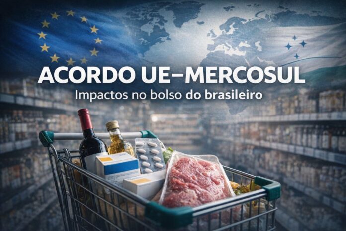 Carrinho de supermercado simboliza impacto do acordo UE-Mercosul no bolso dos brasileiros