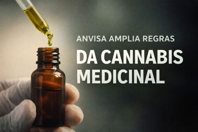 Frasco de medicamento à base de cannabis medicinal com nova regulamentação da Anvisa no Brasil