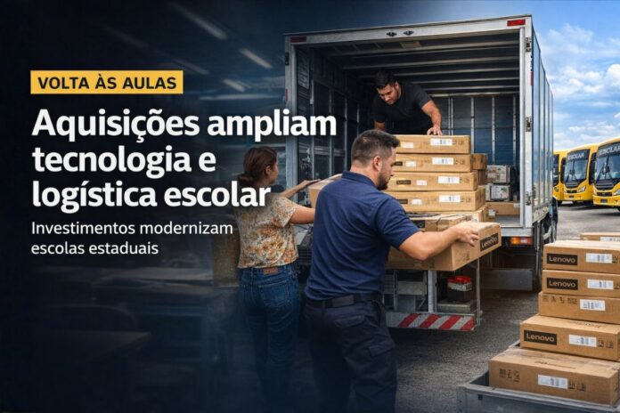 Aquisições ampliam tecnologia e logística escolar na rede estadual Trabalhadores descarregam equipamentos de informática enquanto ônibus escolares reforçam a logística da rede estadual na volta às aulas em Rondônia.