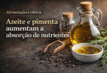 Como azeite e pimenta-do-reino ajudam o corpo a turbinar a absorção dos nutrientes da comida Azeite de oliva e pimenta-do-reino em destaque ilustram como esses alimentos ajudam na absorção de nutrientes.