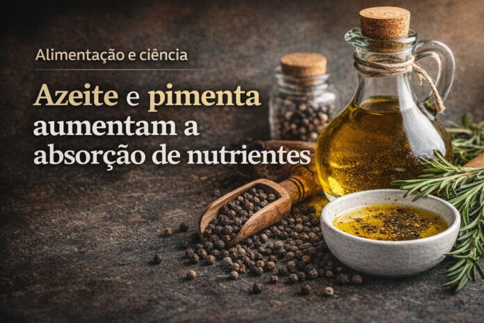 Azeite e pimenta-do-reino aumentam a absorção de nutrientes Azeite de oliva e pimenta-do-reino em destaque ilustram como esses alimentos ajudam na absorção de nutrientes.
