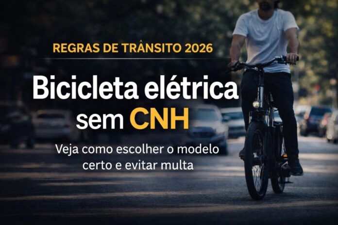 Bicicleta elétrica circulando em via urbana conforme regras de trânsito sem exigência de CNH