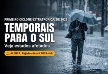 Primeiro ciclone extratropical do ano deve trazer temporais para o Sul Pessoa caminha sob chuva forte com guarda-chuva durante temporais causados por ciclone extratropical no Sul do Brasil.