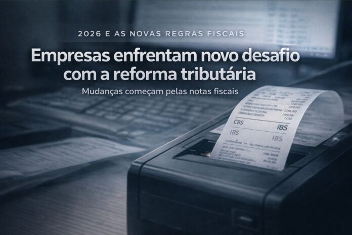 Nota fiscal sendo emitida em impressora térmica simboliza adaptação das empresas às novas regras da reforma tributária em 2026