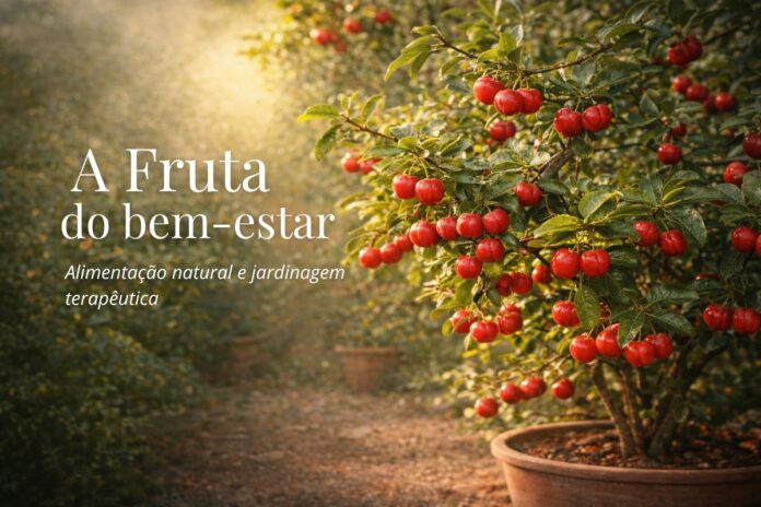 Acerola e jardinagem terapêutica unem saúde e bem-estar Aceroleira em vaso com frutos maduros simbolizando acerola e jardinagem terapêutica para bem-estar e alimentação natural.