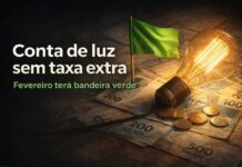 Conta de luz em fevereiro terá bandeira verde, sem taxa extra Conta de luz em fevereiro sem taxa extra com bandeira verde e lâmpada acesa sobre notas de real
