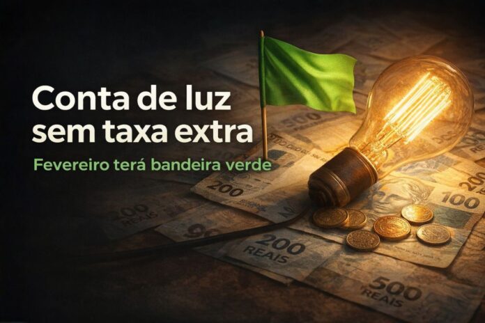 Conta de luz em fevereiro sem taxa extra com bandeira verde e lâmpada acesa sobre notas de real