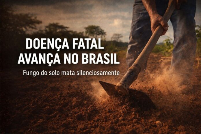 Trabalhador rural revolvendo o solo durante atividade agrícola associada à transmissão da paracoccidioidomicose no Brasil