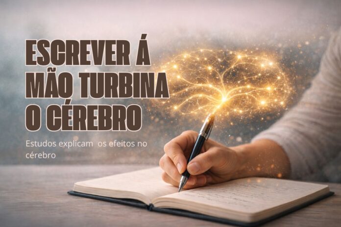 Escrever à mão ativa o cérebro Mão escrevendo em caderno enquanto conexões neurais simbolizam a ativação do cérebro