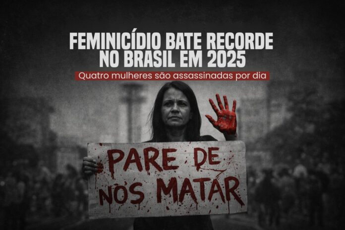 Feminicídio bate recorde histórico no Brasil em 2025 Mulher em protesto contra o feminicídio simboliza recorde histórico de assassinatos de mulheres no Brasil em 2025