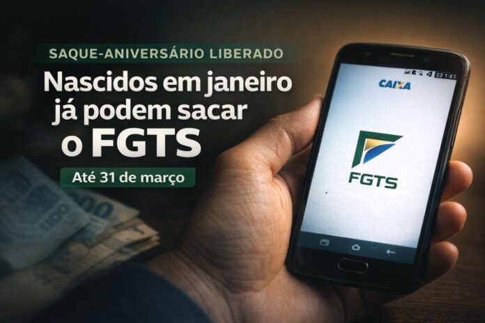 Trabalhador segurando celular com aplicativo do FGTS durante liberação do saque-aniversário para nascidos em janeiro