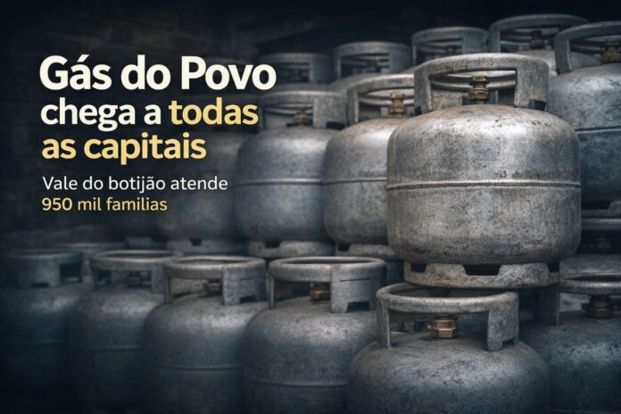 Gás do Povo chega a todas as capitais Botijões de gás empilhados representam a expansão do Programa Gás do Povo para todas as capitais do Brasil.
