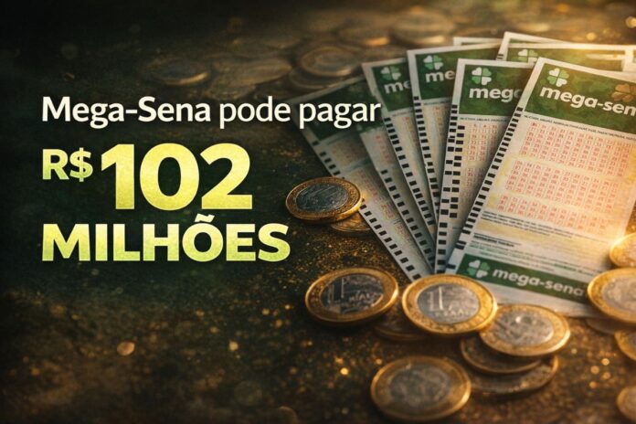 Volantes da Mega-Sena e moedas ilustram prêmio estimado de R$ 102 milhões no sorteio desta quinta-feira