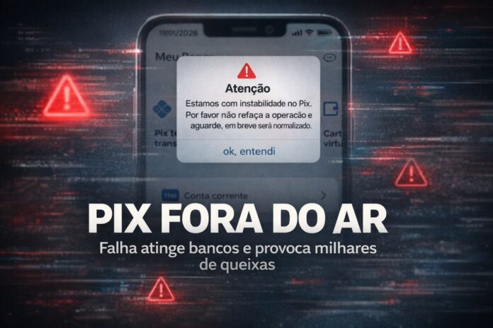 PIX fora do ar provoca instabilidade em bancos Aviso de instabilidade no Pix exibido em aplicativo bancário durante falha no sistema de pagamentos.