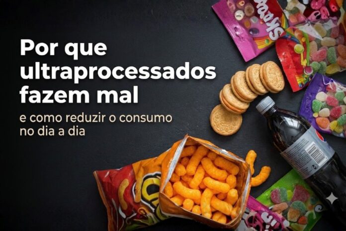 Por que ultraprocessados fazem mal e como reduzir o consumo Alimentos ultraprocessados como salgadinhos, biscoitos e refrigerante ilustram os riscos à saúde do consumo excessivo.