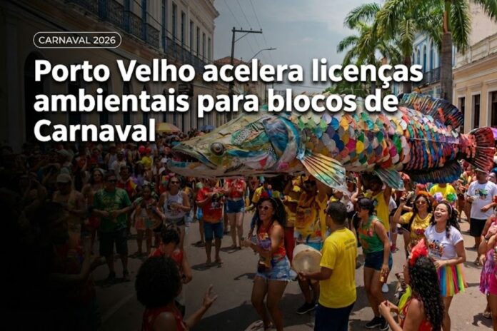 Desfile do bloco Pirarucu do Madeira durante o Carnaval de Porto Velho após emissão de licença ambiental