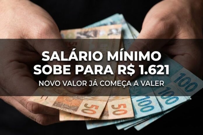 Salário mínimo de R$ 1.621 começa a valer em 2026 Mãos segurando cédulas de real ilustram o novo salário mínimo de R$ 1.621 em vigor em 2026.