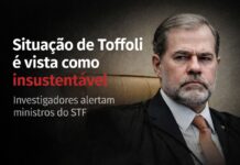 Investigadores veem situação de Toffoli como insustentável e alertam ministros do STF Dias Toffoli em expressão séria durante sessão do STF em meio a investigações do Caso Master.