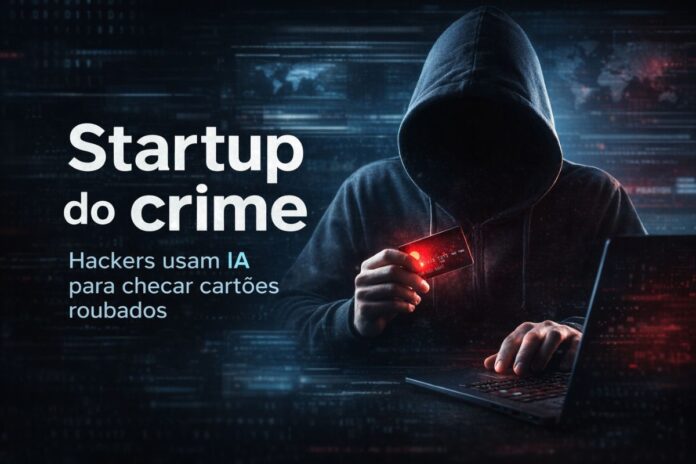 Startup do crime usa IA para checar cartões roubados Hacker usando computador e cartão de crédito em esquema de crime digital com inteligência artificial