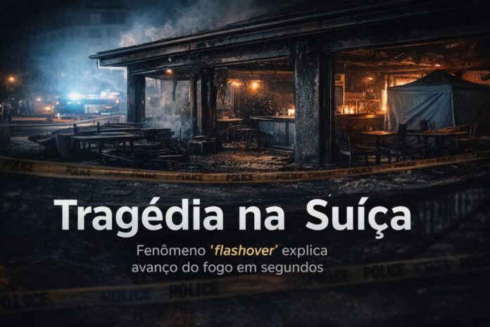 Imagem mostra bar destruído após incêndio na Suíça; especialistas apontam fenômeno flashover como causa da rápida propagação do fogo.