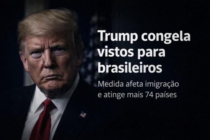 Trump anuncia congelamento da emissão de vistos de imigrantes para brasileiros e cidadãos de mais 74 países. Donald Trump em destaque durante anúncio de congelamento de vistos para brasileiros e outros países