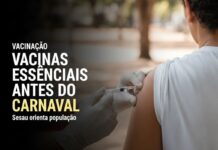 Sesau orienta sobre vacinas essenciais antes do período de Carnaval Profissional de saúde aplica vacina no braço de uma pessoa, reforçando a importância da vacinação antes do Carnaval.