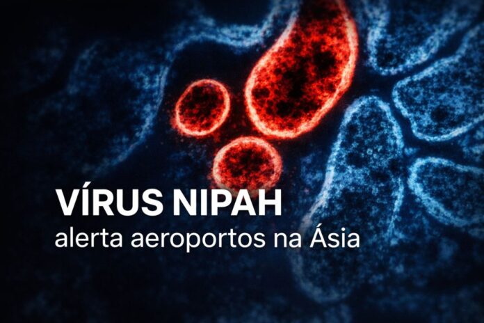 Vírus Nipah observado em microscopia eletrônica ilustra alerta sanitário em aeroportos da Ásia após novo surto