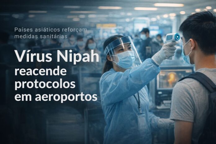 Vírus Nipah reacende protocolos sanitários em aeroportos da Ásia Profissional de saúde realiza triagem sanitária em aeroporto após alerta do vírus Nipah
