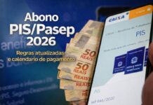 Abono salarial PIS/Pasep 2026 começa a ser pago em fevereiro Trabalhador consulta abono salarial PIS/Pasep 2026 no celular com notas de real em destaque