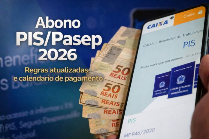 Trabalhador consulta abono salarial PIS/Pasep 2026 no celular com notas de real em destaque