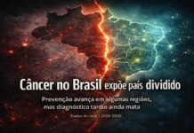 Câncer no Brasil expõe país dividido entre prevenção e diagnóstico tardio Mapa do Brasil dividido simboliza desigualdade entre prevenção do câncer e diagnóstico tardio nas regiões do país