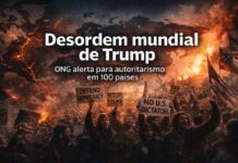 ONG alerta que desordem mundial de Trump afeta 100 países Manifestantes protestam contra autoritarismo enquanto mapa do mundo em chamas simboliza a desordem mundial associada a Donald Trump.