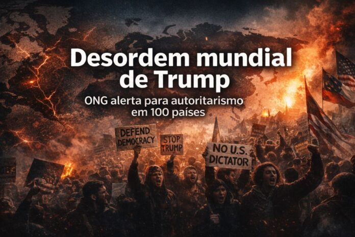 Manifestantes protestam contra autoritarismo enquanto mapa do mundo em chamas simboliza a desordem mundial associada a Donald Trump.