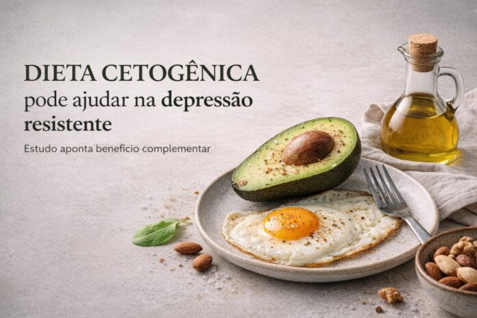 Dieta cetogênica ilustrada com alimentos ricos em gorduras pode ajudar como complemento no tratamento da depressão resistente.