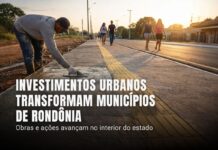 Investimentos ampliam mobilidade urbana e reforçam ações sociais em municípios de Rondônia Trabalhador finaliza calçada com piso tátil enquanto pedestres caminham em via urbana de Rondônia