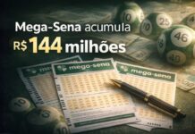 Mega-Sena acumula e prêmio chega a R$ 144 milhões Bilhetes da Mega-Sena com caneta e bolas numeradas ilustram prêmio acumulado de R$ 144 milhões