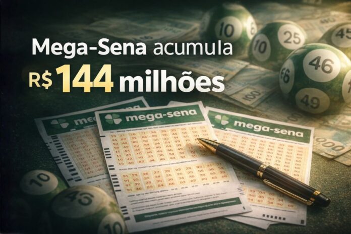 Bilhetes da Mega-Sena com caneta e bolas numeradas ilustram prêmio acumulado de R$ 144 milhões