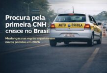 Procura pela primeira CNH cresce no Brasil após mudanças nas regras Carro de autoescola em via urbana simboliza o crescimento da procura pela primeira CNH no Brasil em 2026