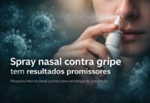 Spray nasal contra gripe mostra bons resultados em testes iniciais Pessoa aplicando spray nasal como estratégia de prevenção contra a gripe em estudo científico internacional