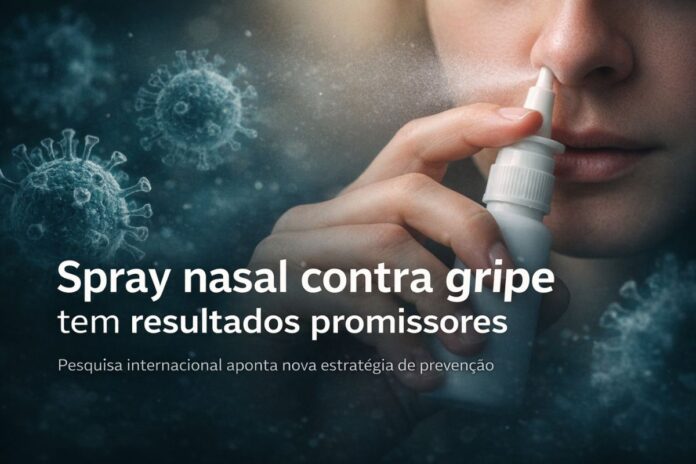 Spray nasal contra gripe mostra resultados promissores Pessoa aplicando spray nasal como estratégia de prevenção contra a gripe em estudo científico internacional